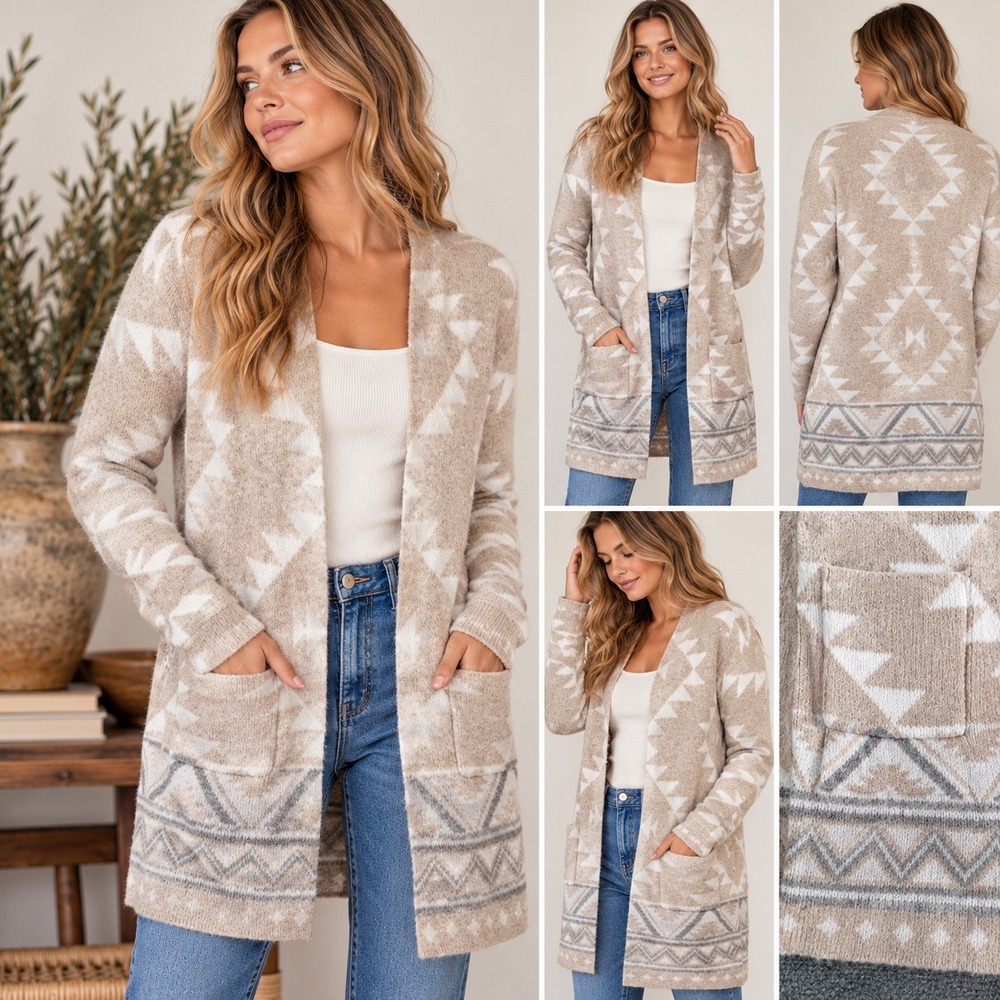 FRYE Cardigan Women L Southwestern Aztec Geometric Long Open Front Sweater
